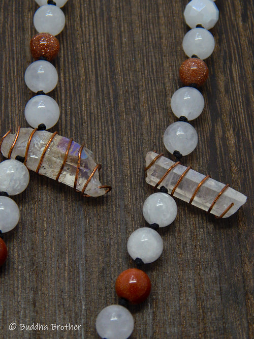 Angel Aura Quartz, Goldstone, & White Jade Beaded Mala